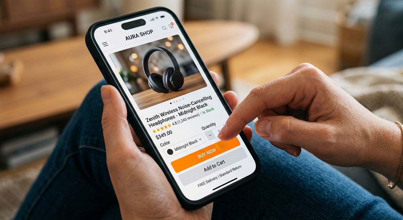 Pessoa prestes a clicar no botão de comprar em uma página de produto no celular