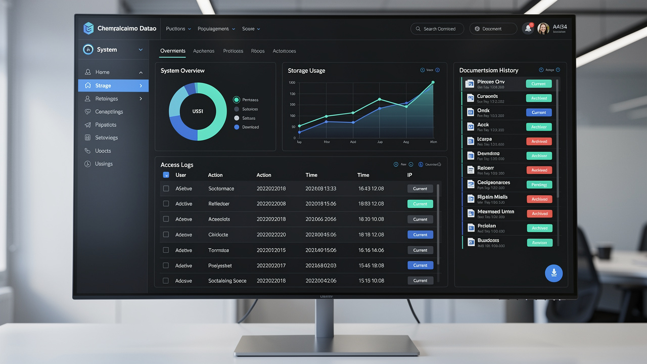 Painel digital de sistema de gestão centralizada com histórico de versões e logs de acesso