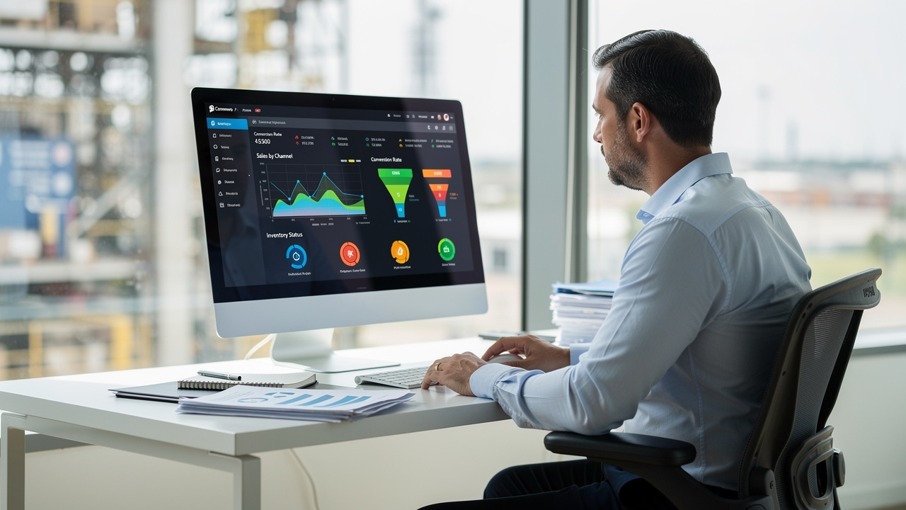 Gerente industrial analisando painel de ecommerce multicanal em escritório moderno com luz natural