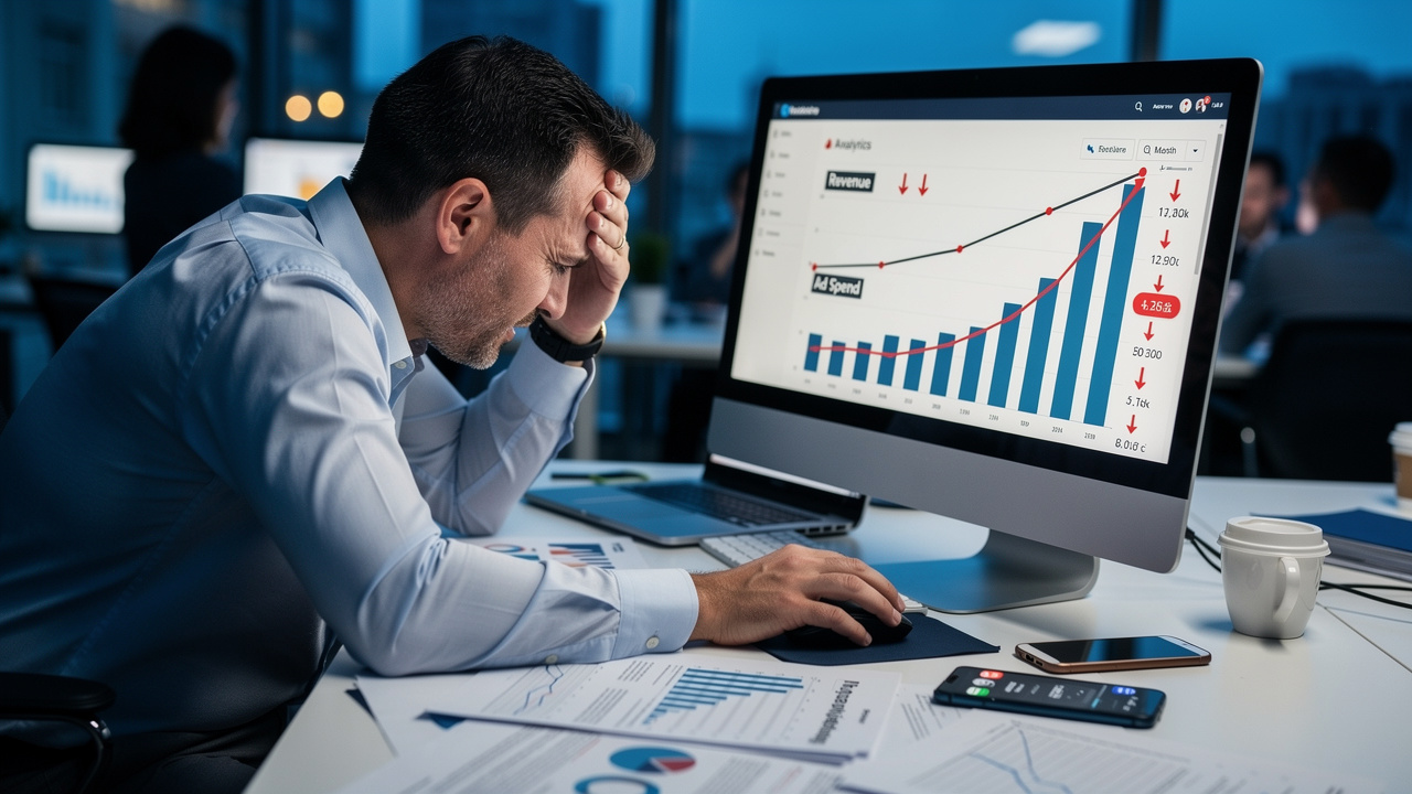 Empreendedor olhando painel de analytics com gastos altos e receita estagnada