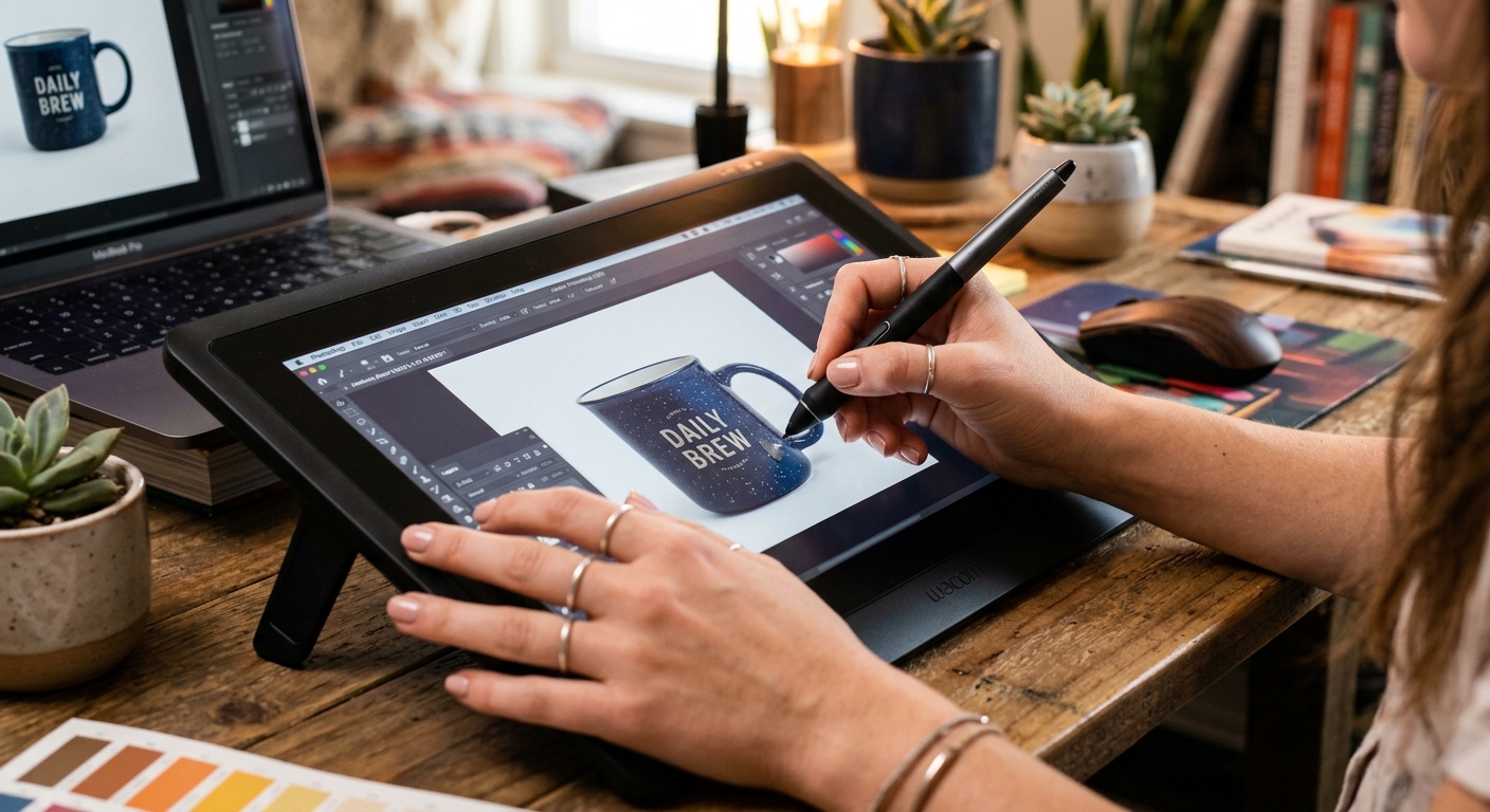 Mãos de um designer usando uma mesa digitalizadora para editar fotos de produtos para uma loja virtual.