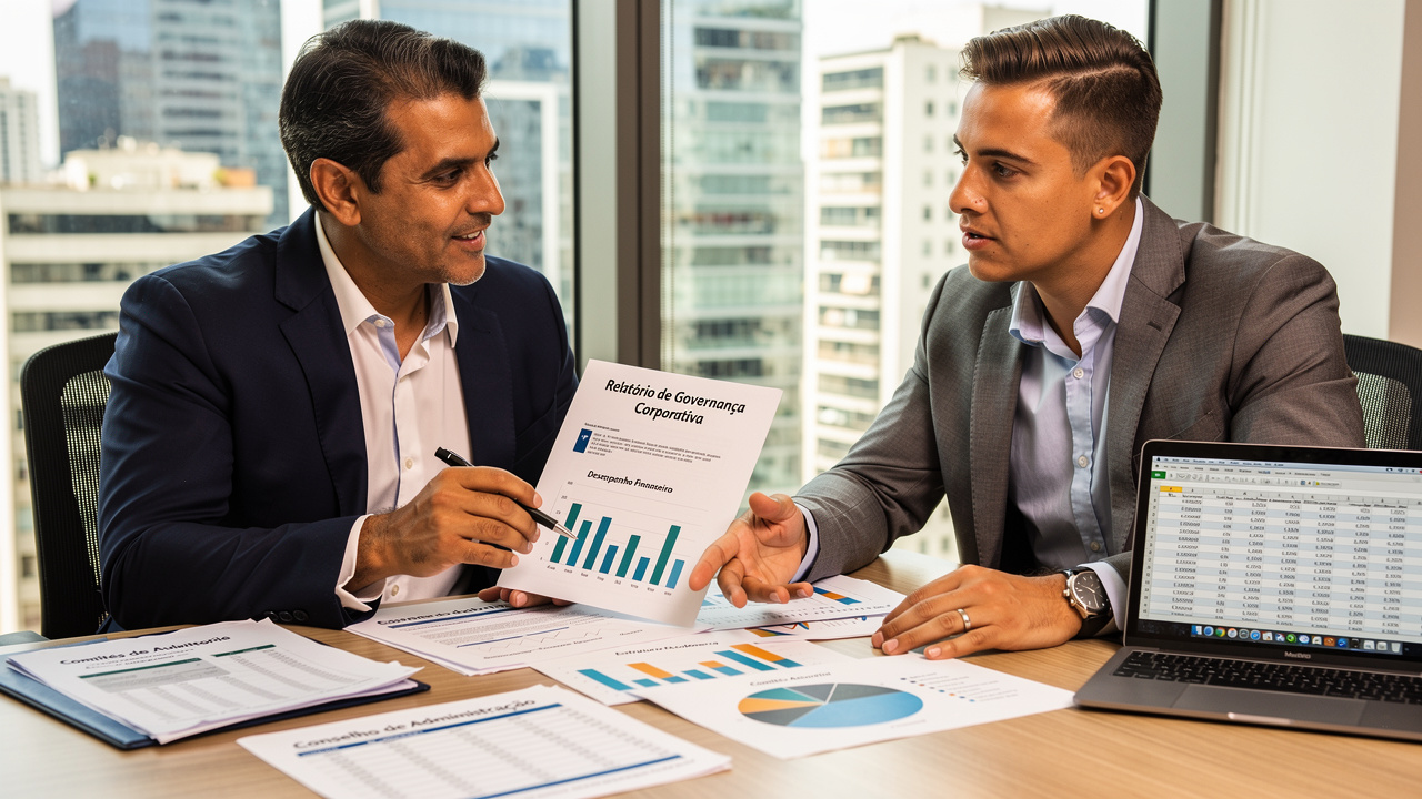 Empresário brasileiro revisando relatório de governança com consultor financeiro em mesa com gráficos