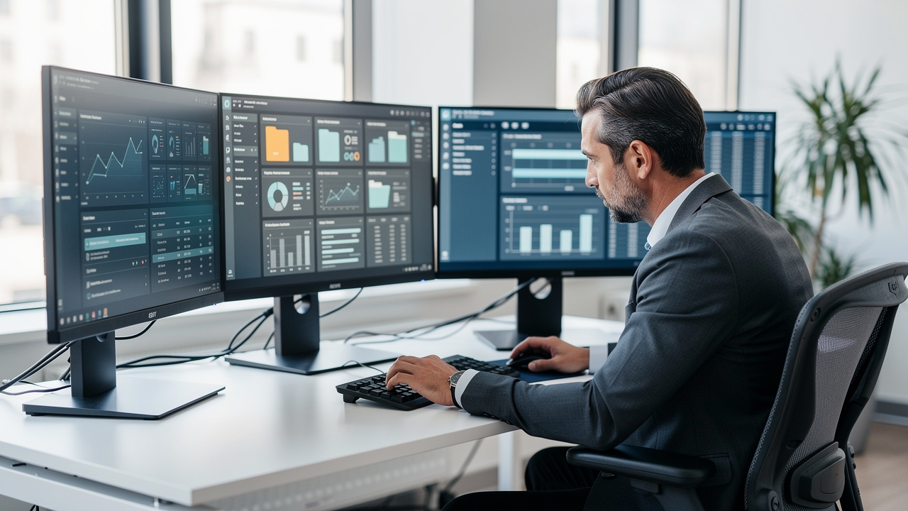 Gestor organizando dados digitais em múltiplos monitores em escritório moderno