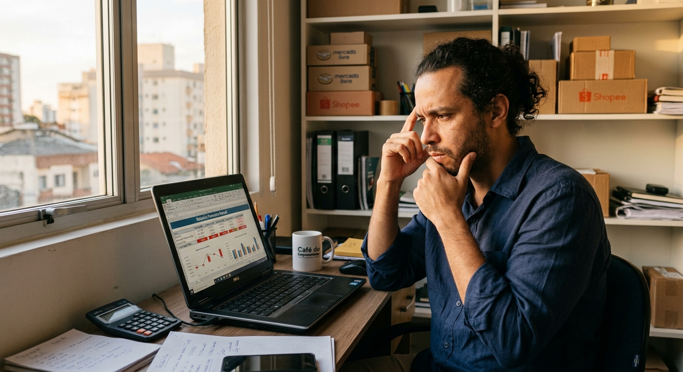 Lojista analisando relatórios financeiros em laptop com expressão preocupada no escritório