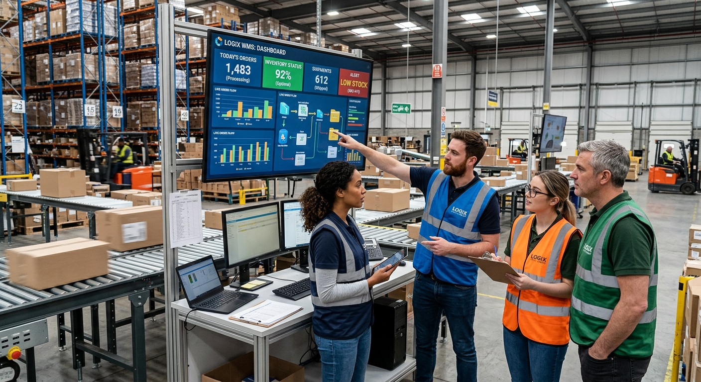 Equipe de pequeno negócio monitorando fluxos automatizados de pedidos em tela digital