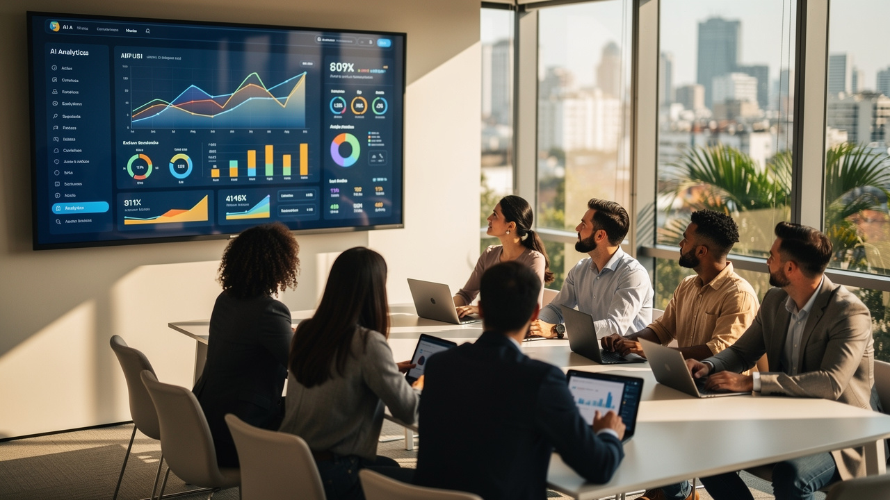 Equipe de negócios analisando painel de inteligência artificial em escritório moderno