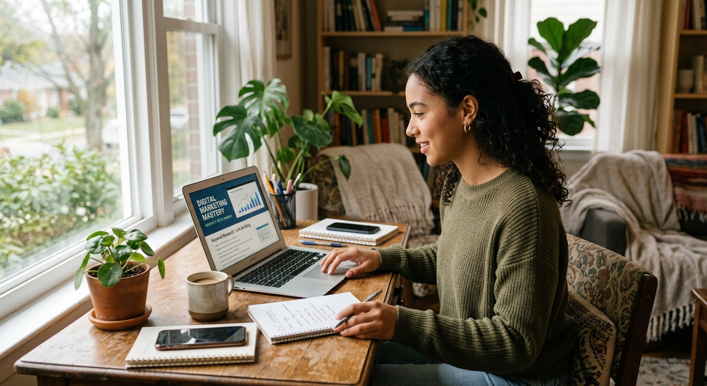 Jovem aprendendo marketing digital em casa, luz natural e ambiente aconchegante