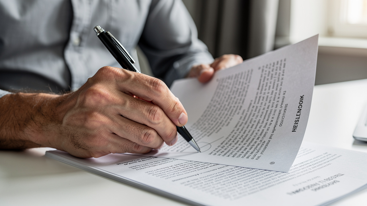 Pessoa analisando documento biográfico impresso com caneta em ambiente de trabalho