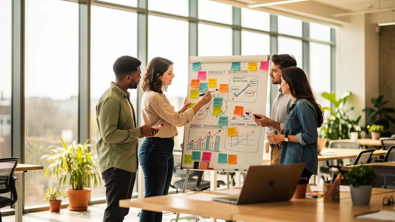 Equipe de e-commerce revisando posicionamento de marca e seleção de produtos em quadro branco