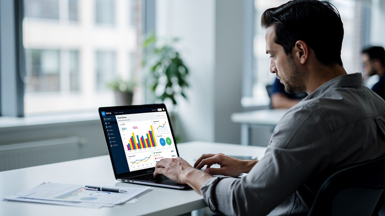 Profissional de marketing analisando painel de anúncios da Meta com gráficos de desempenho