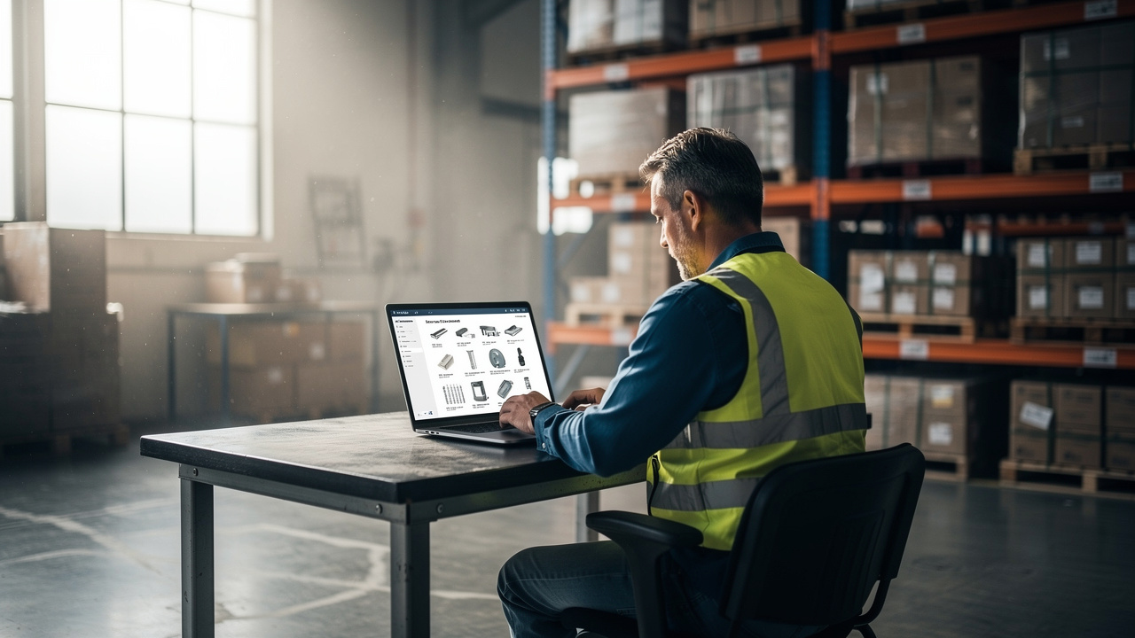 Gestor industrial analisando catálogo de produtos em laptop dentro de galpão iluminado