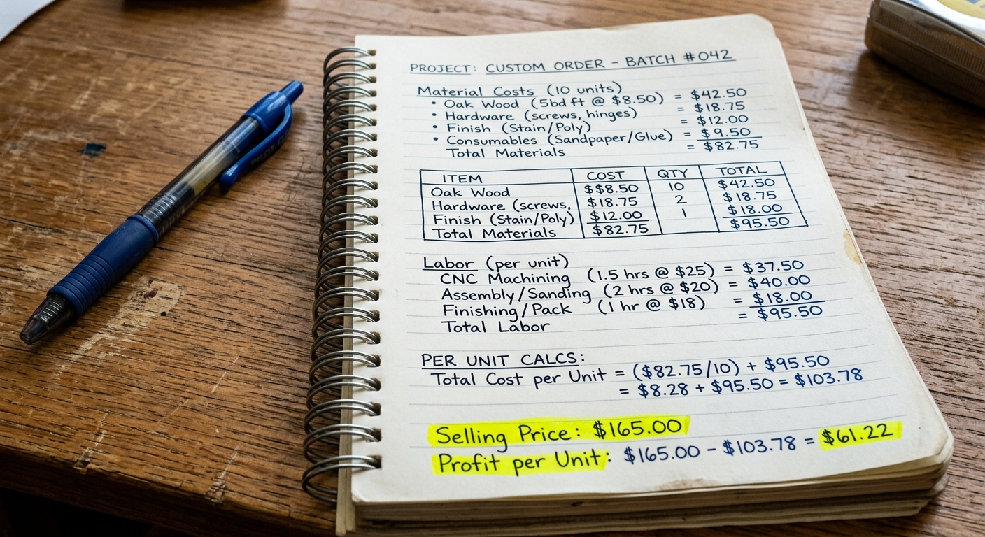 Caderno com cálculos de precificação e tabela de custos destacando margem de lucro