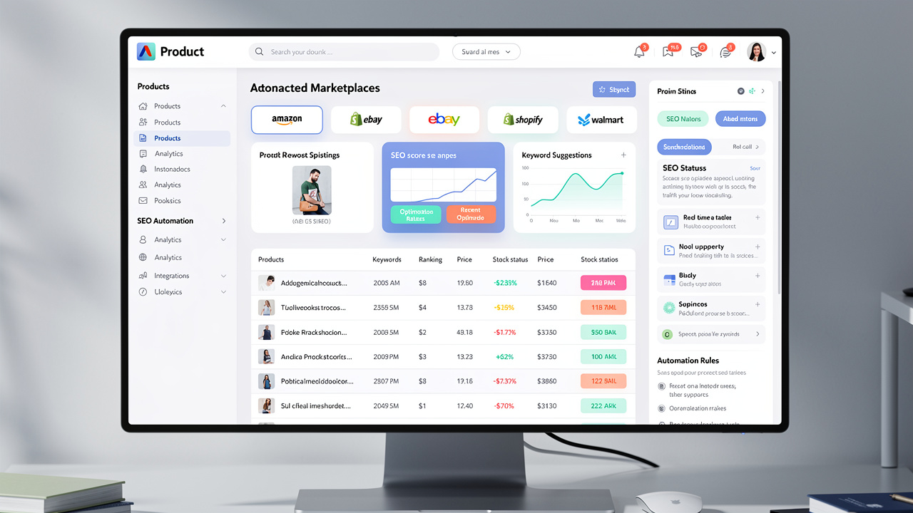 Dashboard de plataforma de gestão de produtos com SEO automatizado e integrações de marketplace