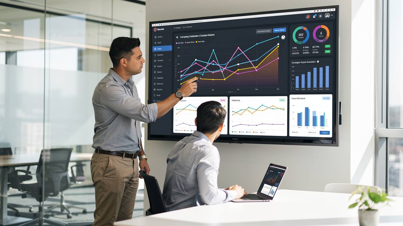 Dois profissionais de marketing analisando painel de campanha digital em escritório moderno