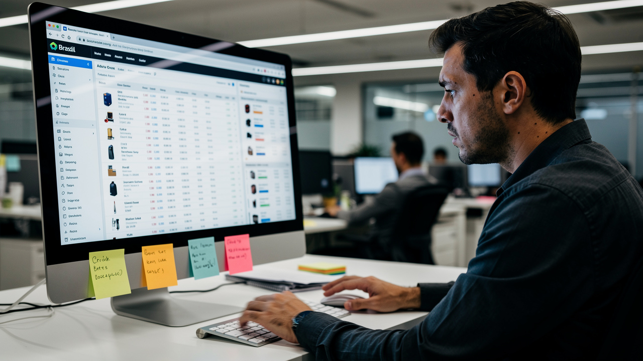 Gestor de e-commerce brasileiro sobrecarregado com planilhas e cadastros de produtos na tela
