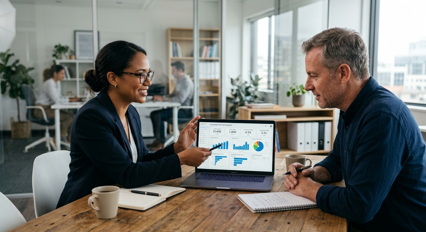 Consultor de marketing apresentando um dashboard em um notebook para um cliente em um escritório moderno.
