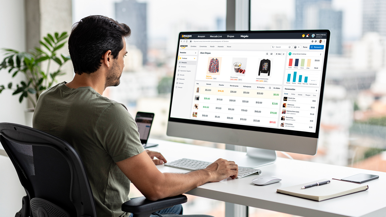 Lojista gerenciando produtos em dashboard integrado com múltiplos marketplaces abertos