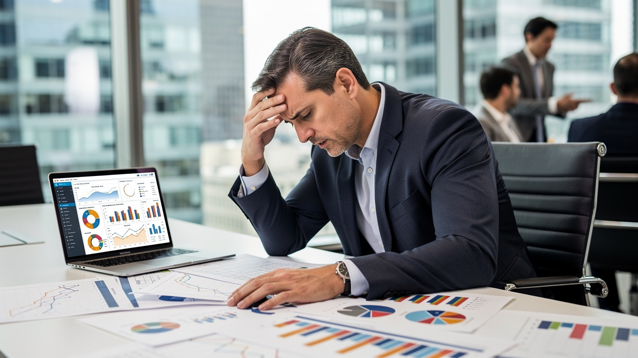 Gerente de marketing frustrado analisando planilhas e gráficos complexos durante reunião