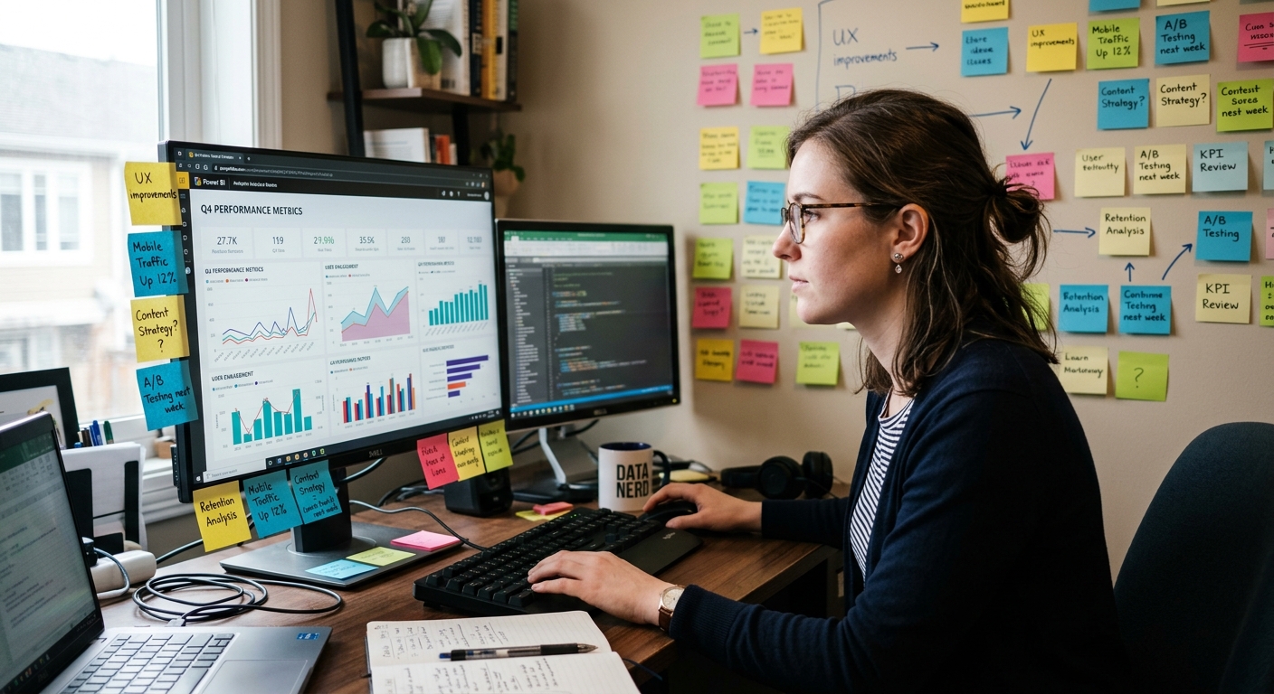 Empreendedor analisando gráficos de performance em um computador em seu escritório em casa