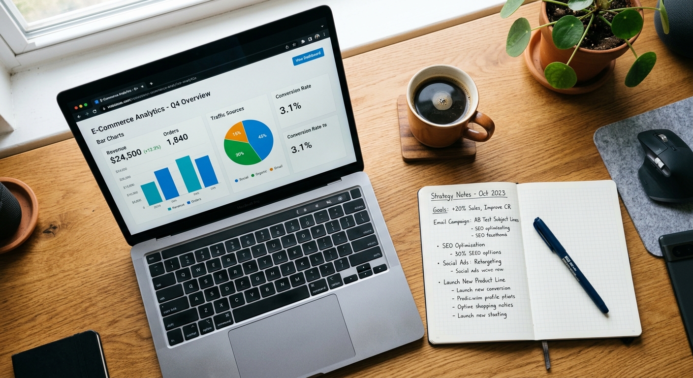Mesa de trabalho com notebook exibindo análises de e-commerce, um caderno com anotações e uma xícara de café.