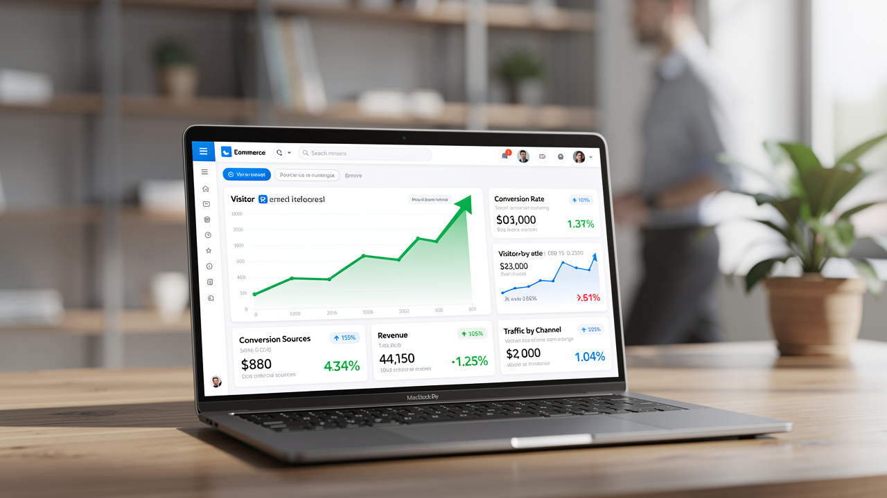 Tela de notebook exibindo um painel de e-commerce com gráfico de crescimento de tráfego vindo do blog