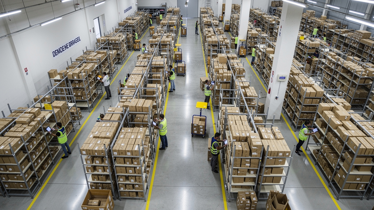 Vista aérea de armazém de e-commerce brasileiro com funcionários organizando embalagens