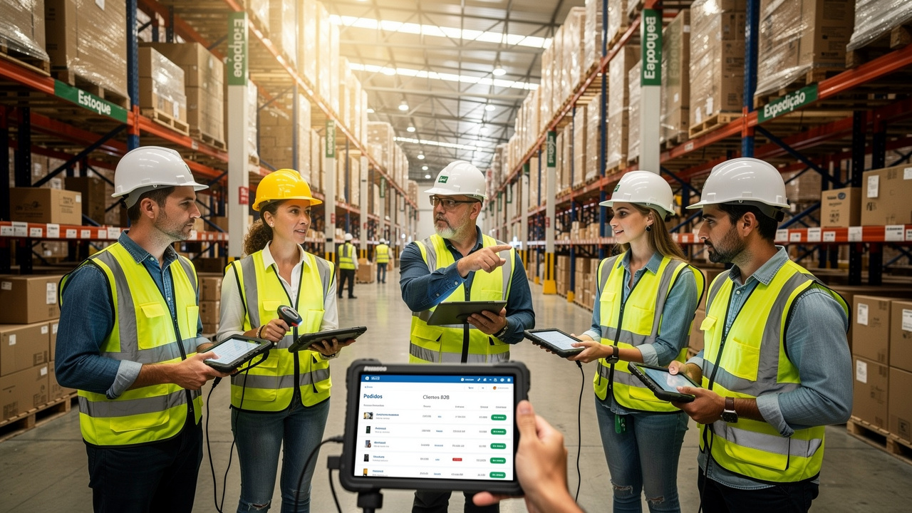 Equipe de logística em galpão brasileiro verificando estoque integrado com sistema de e-commerce B2B
