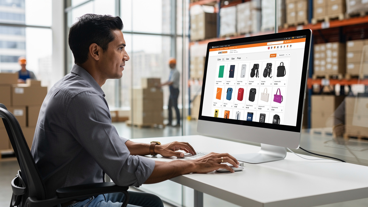 Gerente de e-commerce monitorando catálogo de produtos atualizado em tempo real com múltiplas variantes visíveis