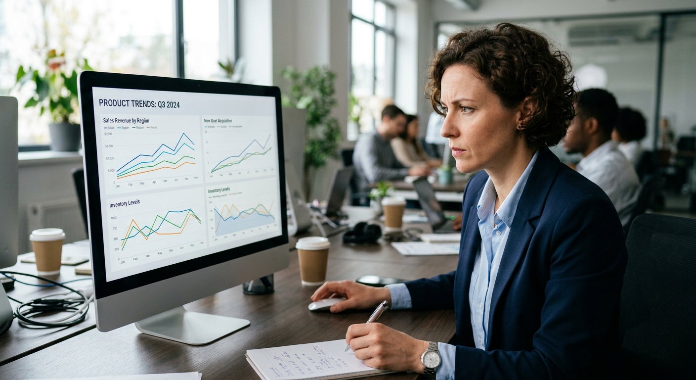 Gestora de marketing analisa um dashboard com gráficos de tendências de produtos em um escritório moderno