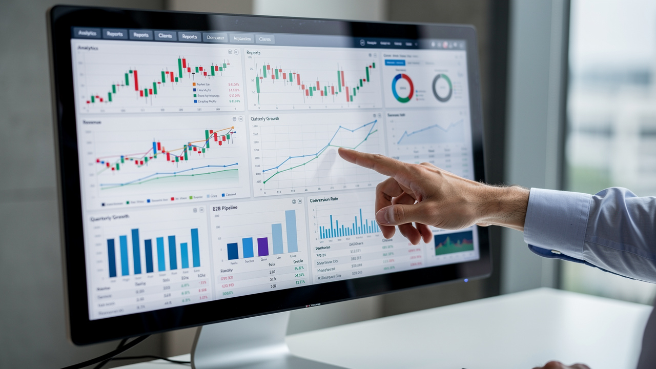 Tela de computador exibindo gráficos e dados financeiros complexos para uma empresa B2B.