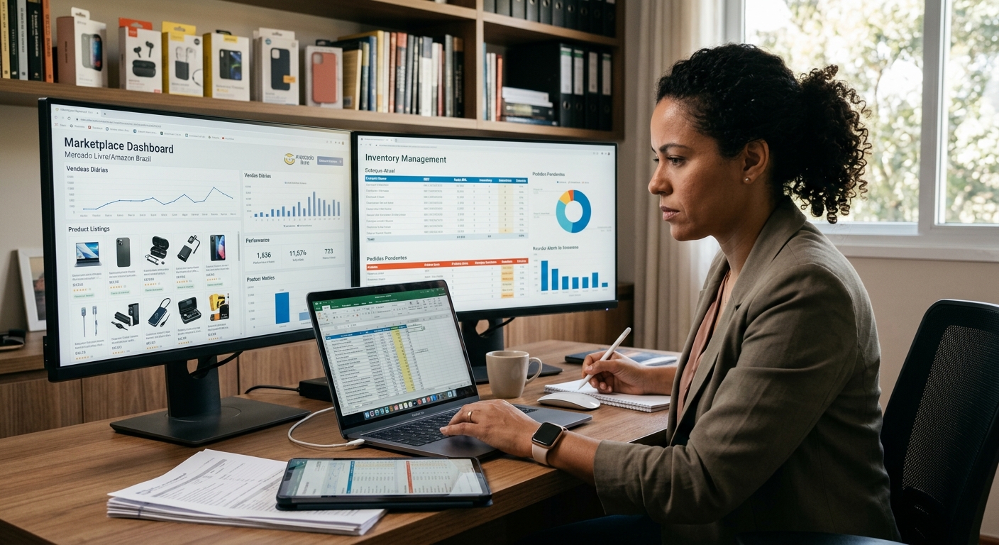 Empreendedor analisando planilhas e dashboards de marketplaces com dados de produtos