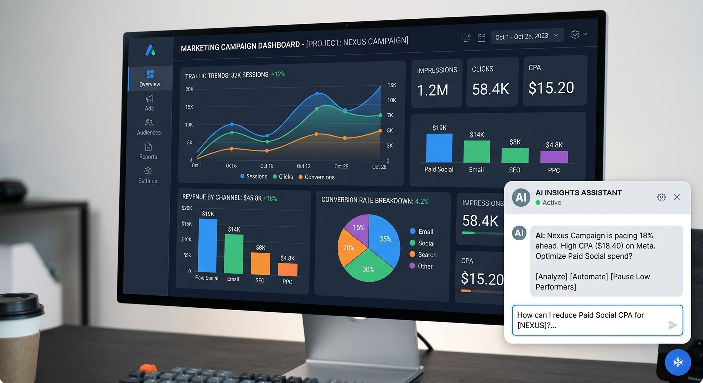 Tela de computador exibindo um painel de campanhas de marketing com gráficos e um assistente de chat de IA sobreposto.
