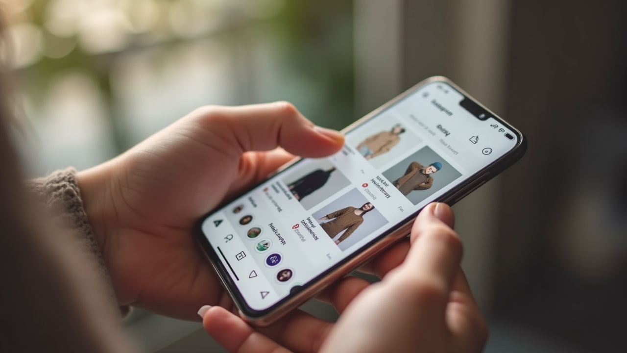 Mãos de uma pessoa navegando em um feed de produtos de e-commerce no celular