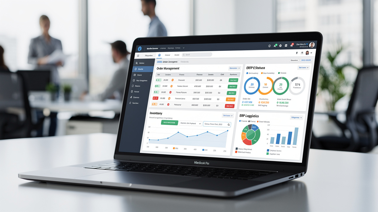 Tela de computador exibindo painel de e-commerce B2B com gráficos de gestão de pedidos e integração ERP
