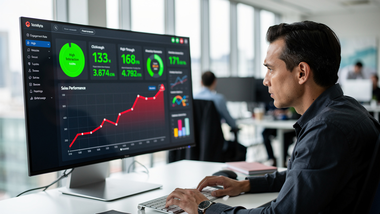 Gestor de marketing olhando dashboard com métricas altas e gráfico de vendas baixo