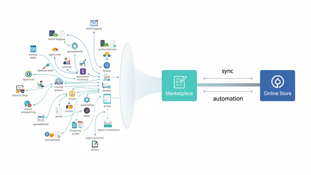 Diagrama mostrando um fluxo de trabalho complexo se tornando uma linha simples e automatizada.