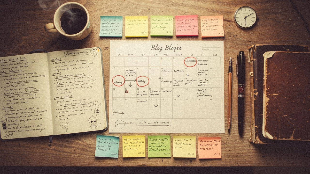 Mesa de trabalho com calendário de papel e anotações manuais representando o planejamento de conteúdo antigo.