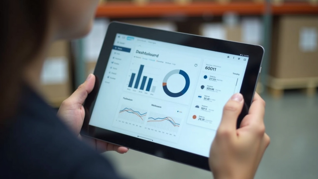 Tela de um tablet exibindo um painel de gestão de estoque de e-commerce com gráficos coloridos.