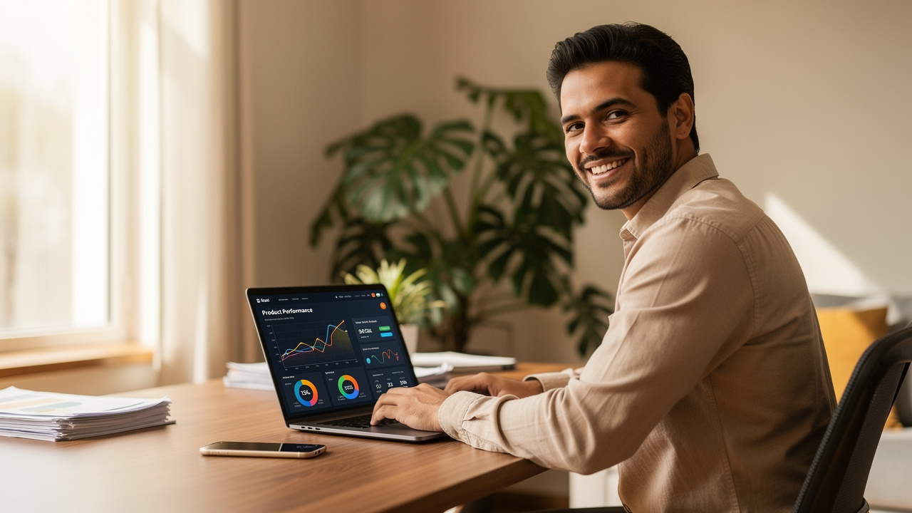 Empreendedor brasileiro sorrindo ao analisar dashboard de produtos no notebook em home office