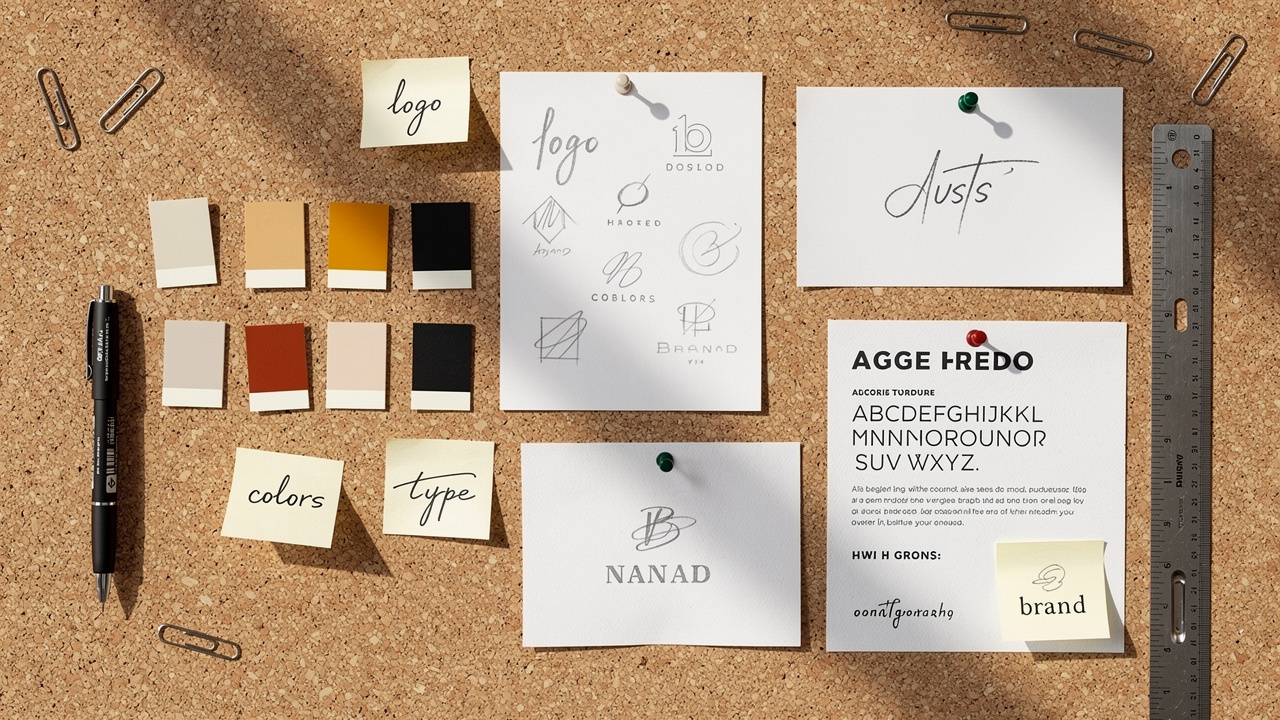 Moodboard de marca com paleta de cores, esboços de logo e tipografia em cortiça
