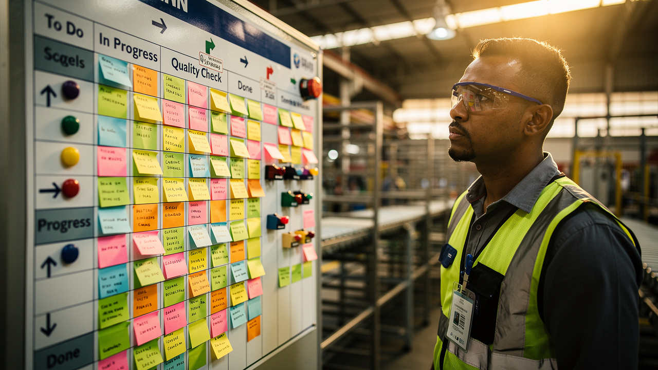 Gestor de fábrica analisando quadro Kanban com post-its e indicadores de fluxo produtivo