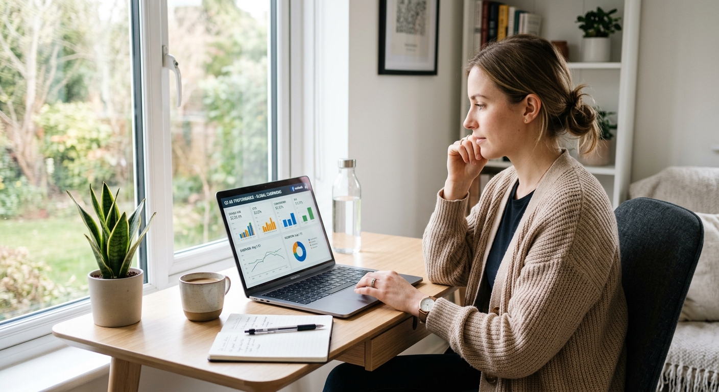 Freelancer analisando painel de desempenho de campanhas em laptop no escritório em casa