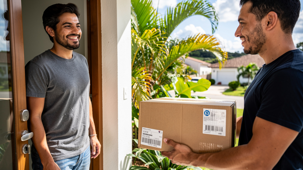 Cliente recebendo pedido de e-commerce embalado com cuidado na porta de casa