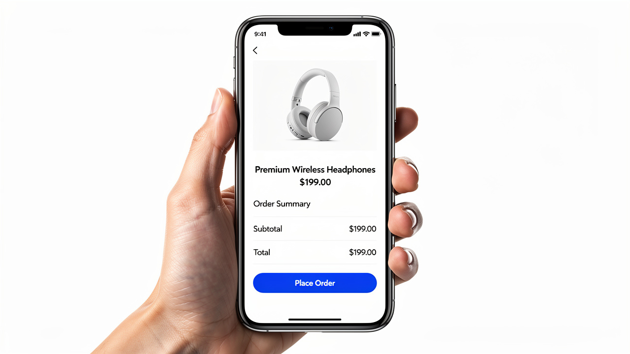 Mão segurando smartphone com tela de checkout de e-commerce limpa e rápida