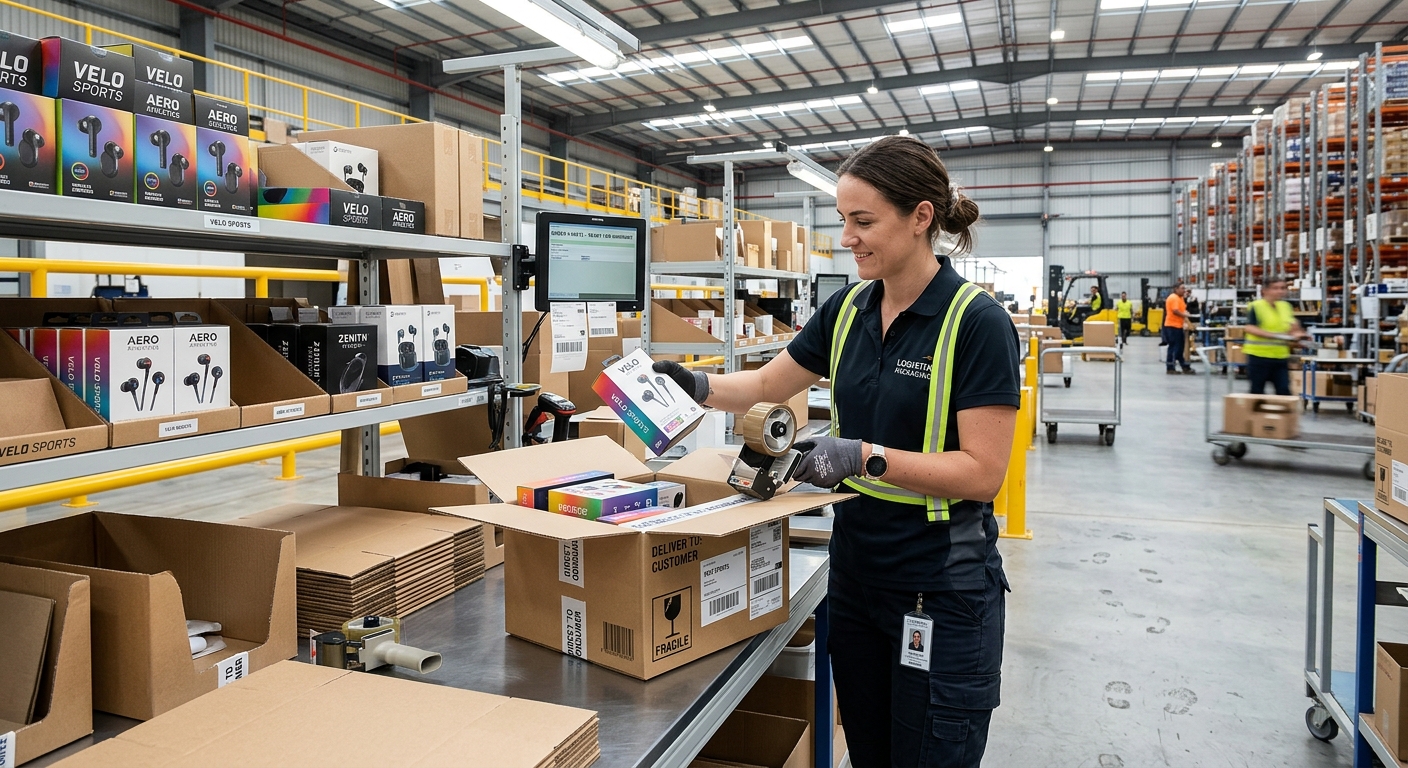 Funcionário embalando produtos da fábrica em caixas para entrega direta ao consumidor final