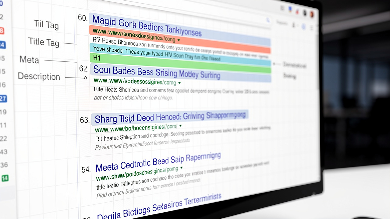 Tela de computador mostrando resultados do Google com posições de ranqueamento SEO