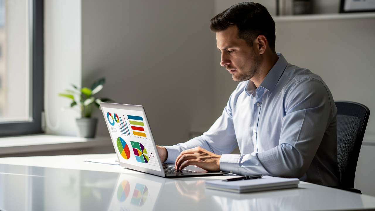 Empreendedor analisando gráficos de dados em laptop em escritório moderno com luz natural