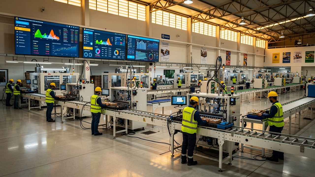 Trabalhadores em fábrica industrial brasileira com telas digitais exibindo dados de vendas