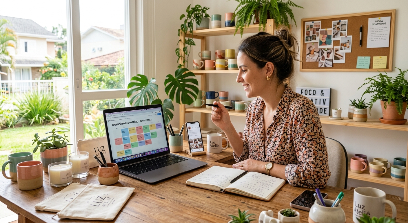 Empreendedor brasileiro planejando calendário de conteúdo para redes sociais em um notebook com produtos ao redor.