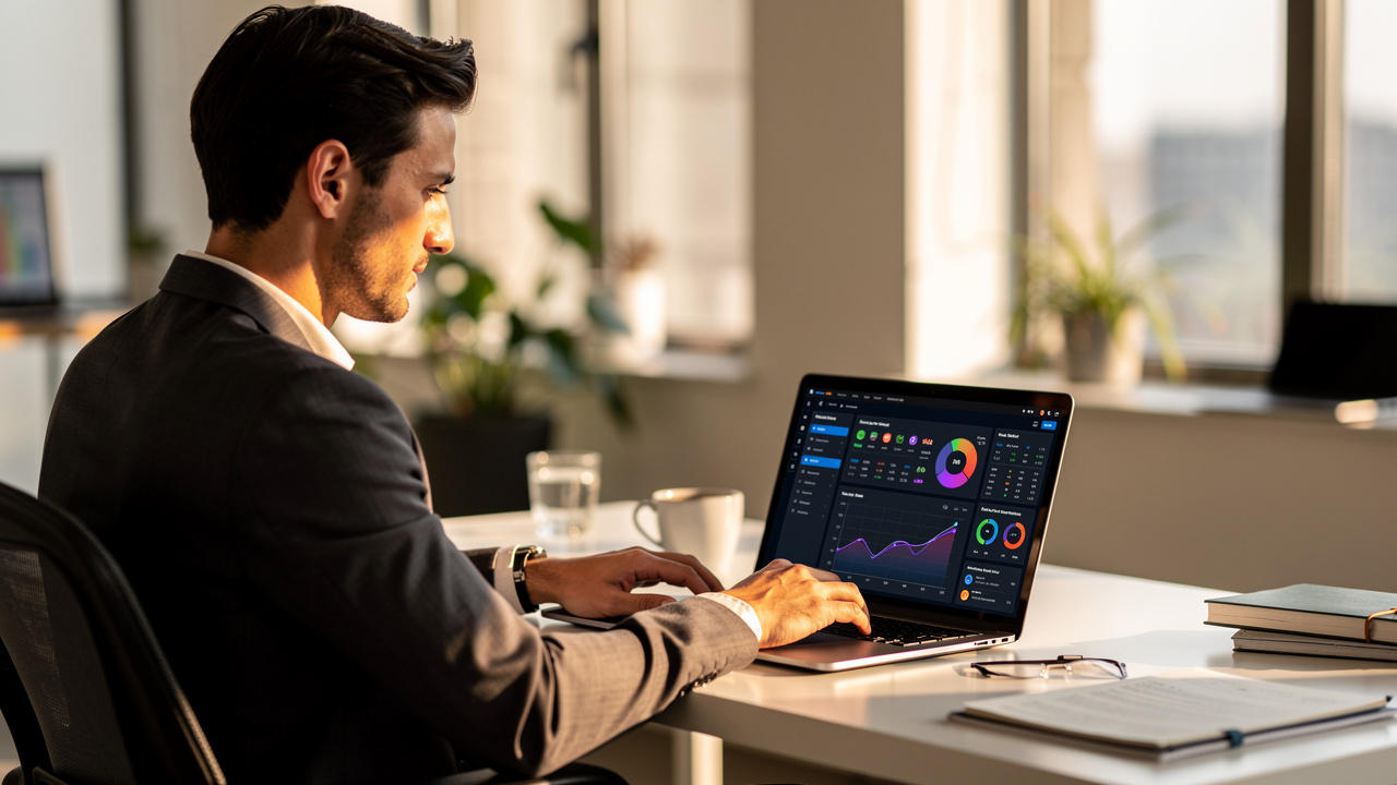 Profissional de negócios analisando painel de inteligência artificial em laptop moderno